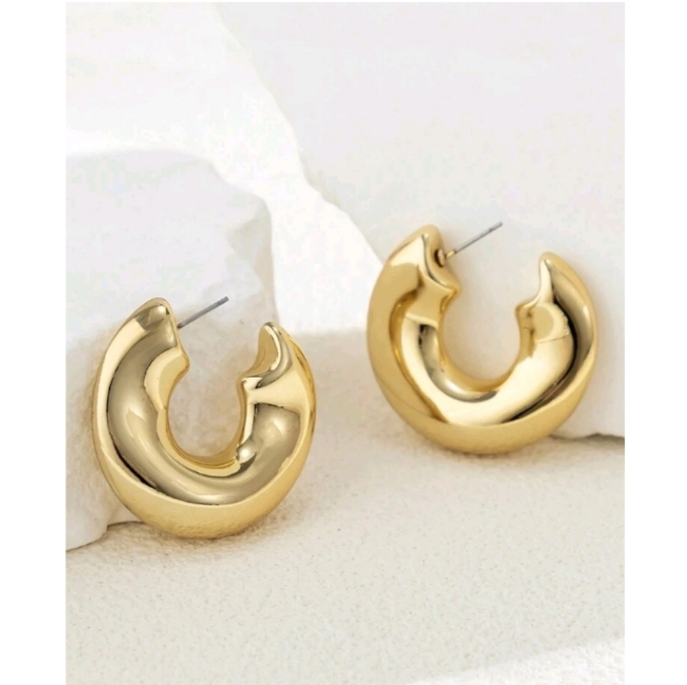 NEW! Anthropologie Abstract Minimalist Chunky Thick Open Hoop Gold Earrings